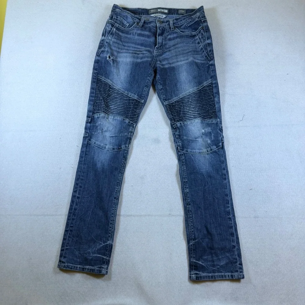 BKE Alec Straight Leg Moto Distressed Blue Jeans Mens 28R Ribbed Knee Biker